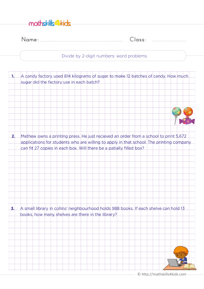 4th Grade division worksheets with answers - Dividing by 2-digit numbers word problems practice