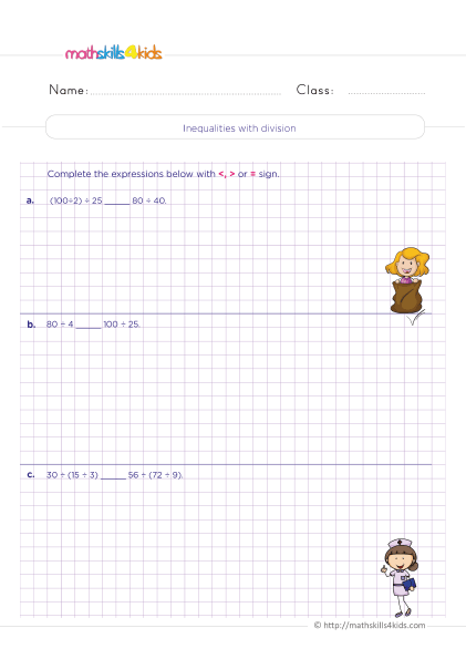 Free printable 4th Grade division worksheets for math practice - Inequalities with division practice