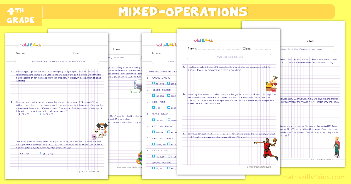 fourth grade math worksheets - Mixed operations worksheets for grade 4