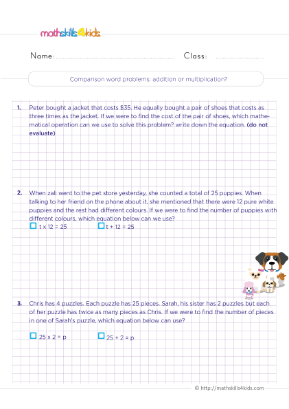 Mixed Operations Worksheets For Grade 4 Pdf with answers - Comparison word problems with addition and multiplication