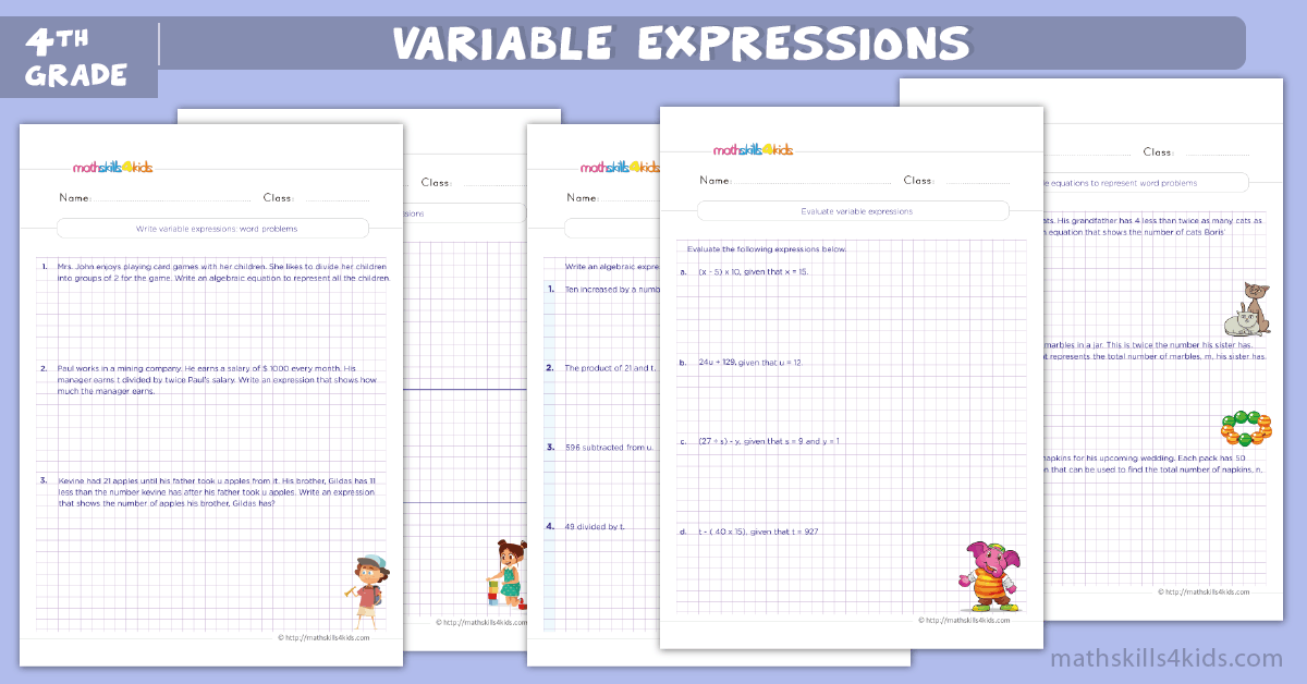 4th Grade Math worksheets - variable expressions worksheets for grade 4