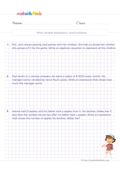 4th Grade variable expression worksheets with answers - Writing variable expression word problems