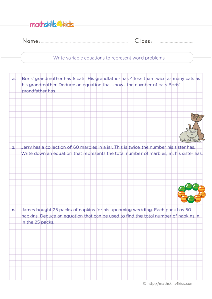 4th Grade Algebra Worksheets PDF with answers - Write variable equations to represent word problems</