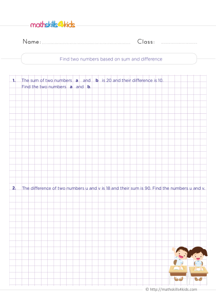 Logical reasoning worksheets pdf for Grade 4: Free download - Finding two numbers based on sum or difference