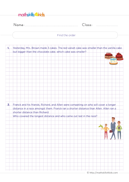4th Grade logical reasoning worksheets with answers - Finding relationship and creating order comparing 3 elements