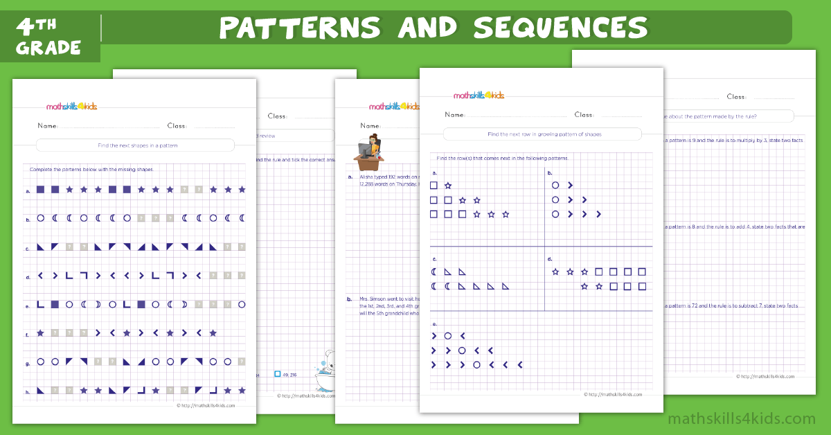 4th Grade Math worksheets - patterns and sequences worksheets for grade 4