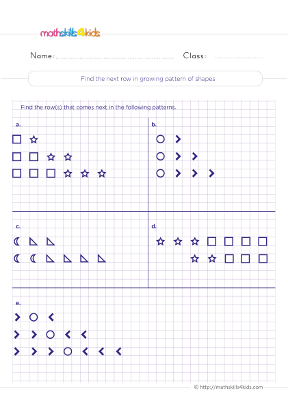 Number Patterns Worksheets Pdf Grade 4 with answers - Find the next row in the growing pattern of shape