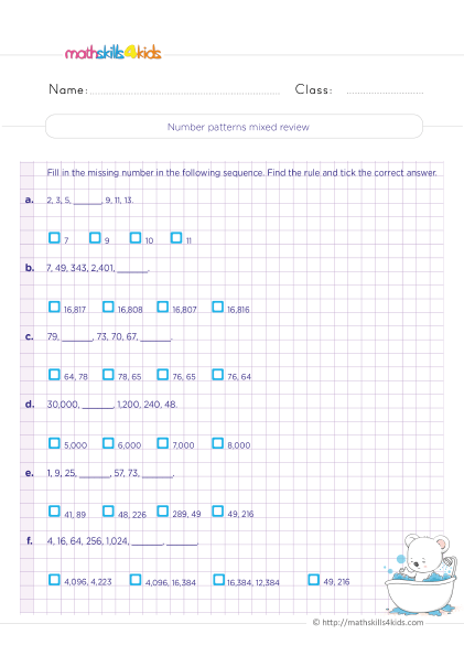 Number Patterns Worksheets Pdf Grade 4 with answers - Number patterns mixed review - Complete with the missing number