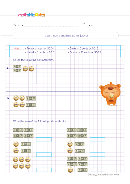 Money math: Free Grade 4 worksheets that make learning fun - Counting coins and bills up to $20