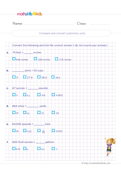 Math Properties Worksheets PDF for Grade 4 with answers - Comparing and converting customary units