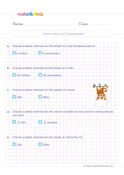 Measurement Worksheets Grade 4 with answers - Find which is the appropriate metric units