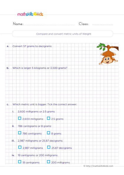 Grade 4 units of measurement worksheets: Free download - Compare and convert metric units of weight