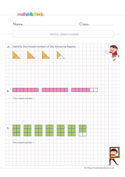 4th Grade math equivalent fractions worksheets: Free download - Identifying mixed numbers