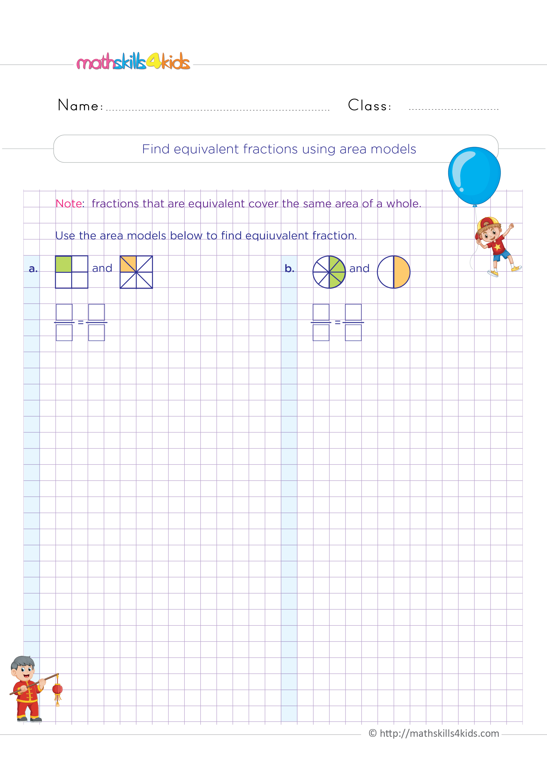 4th Grade math equivalent fractions worksheets: Free download - Finding equivalent fractions using area models