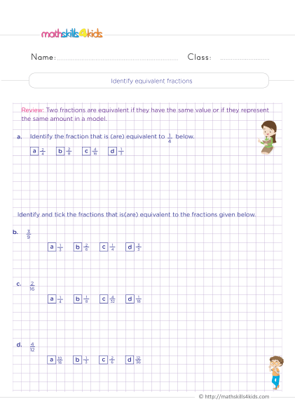 4th Grade math equivalent fractions worksheets: Free download - Understanding how to identify equivalent fractions