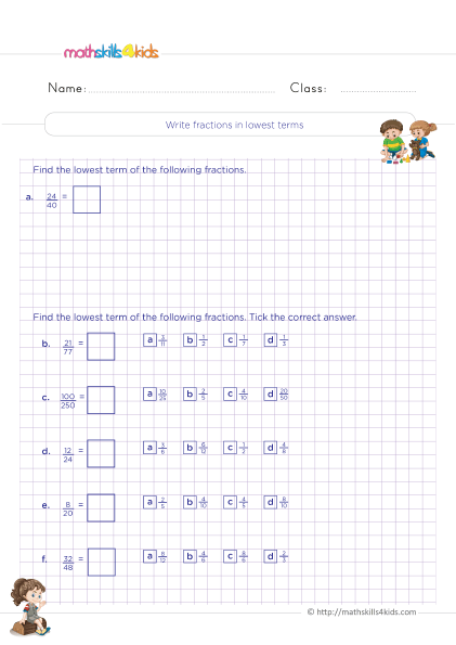 4th Grade math equivalent fractions worksheets: Free download - How to write fractions in lowest terms