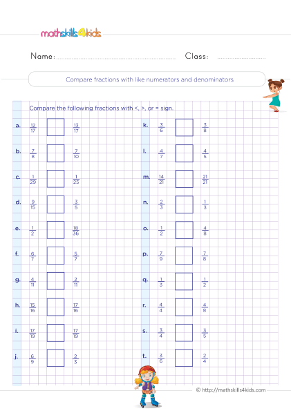Equivalent Fractions Worksheets 4th Grade Pdf with answers - Compare fractions with like numerators and denominators