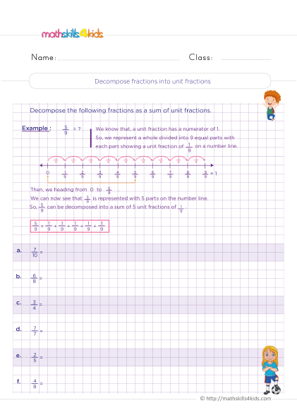 Adding and Subtracting Fractions with Like Denominators Worksheets Pdf Grade 4 with answers - Decompose fractions into unit fractions