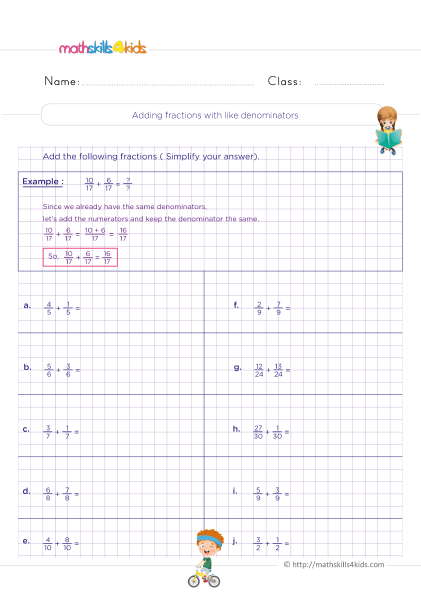 Adding and Subtracting Fractions with Like Denominators Worksheets Pdf Grade 4 with answers - Addition of fractions with like denominators