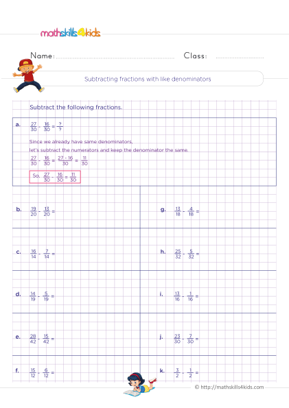 Adding and Subtracting Fractions with Like Denominators Worksheets Pdf Grade 4 with answers - Subtraction of fractions with like denominators