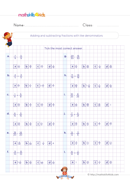 Adding and Subtracting Fractions with Like Denominators Worksheets Pdf Grade 4 with answers - Add and subtract fractions with like denominators