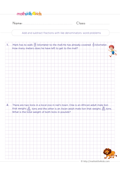 Adding and Subtracting Fractions with Like Denominators Worksheets Pdf Grade 4 with answers - Solving fractions with like denominators word problems