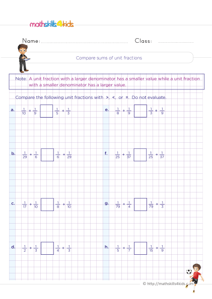 Grade 4 Adding and subtracting unlike fractions: Free download - How do you compare sums of unit fractions