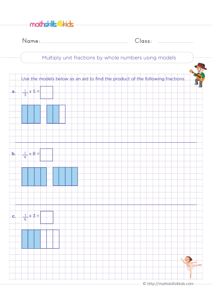 Printable 4th Grade multiplying fractions worksheet - Multiply unit fractions by whole numbers using models