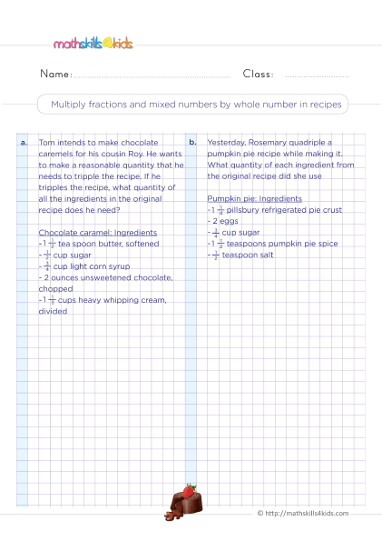 Printable 4th Grade multiplying fractions worksheet - Multiplying fractions and mixed numbers by whole numbers in recipes