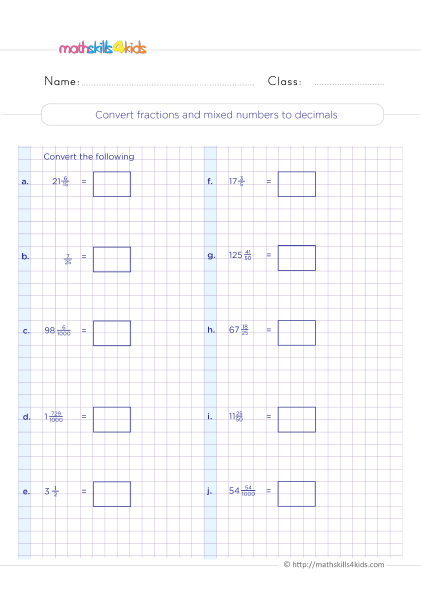 Grade 4 decimals worksheets with answers: Free & printable - Convert fractions and mixed numbers to decimals