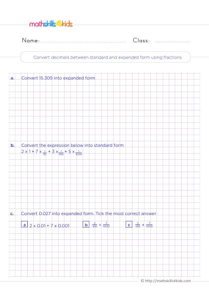 Decimal Worksheets for Grade 4 with Answers with answers - Convert decimals between standard and expanded form using fractions