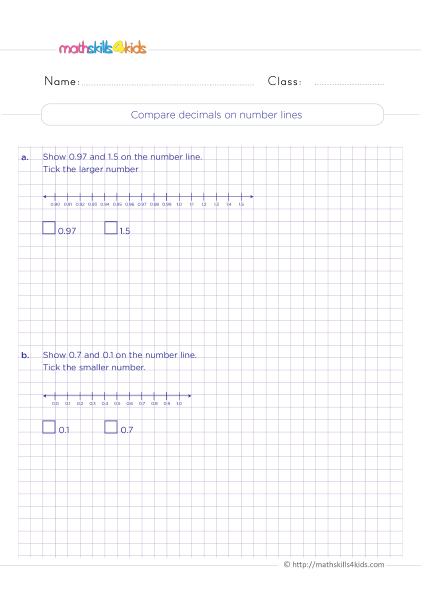 Decimal Worksheets for Grade 4 with Answers with answers - Understanding how to compare decimals on number lines