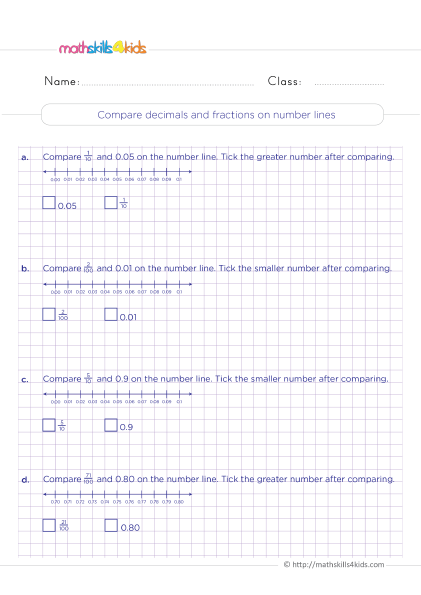 Decimal Worksheets for Grade 4 with Answers with answers - Compare decimals and fractions on number lines