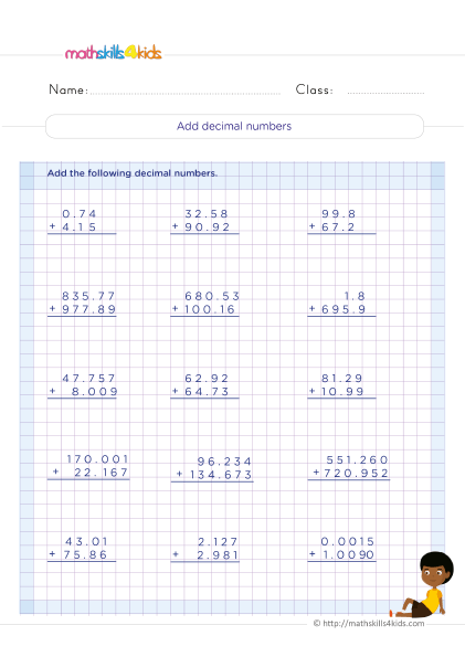Addition and Subtraction Decimals Worksheets for Grade 4 with answers - Addition of decimal numbers