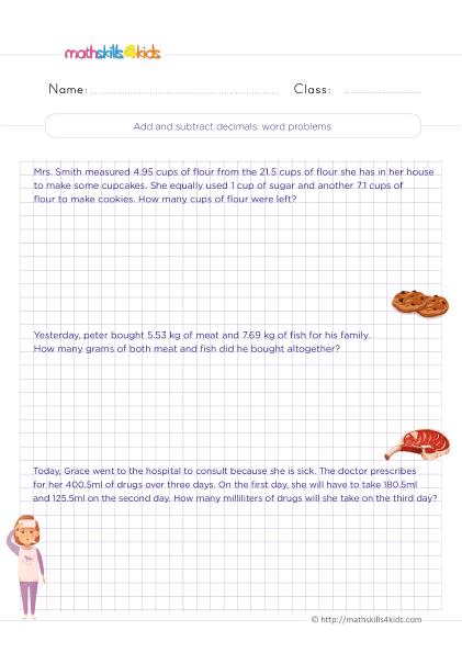 Addition and Subtraction Decimals Worksheets for Grade 4 with answers - Add and subtract decimals word problems