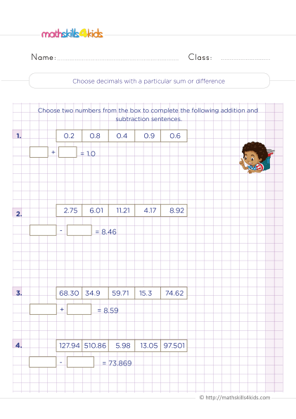 Addition and Subtraction Decimals Worksheets for Grade 4 with answers - Decimals with a particular sum or difference