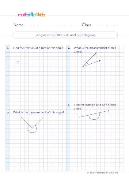 4th Grade math worksheets Pdf: Identifying & Measuring Angles - Different angles: 90, 180, 270, and 360