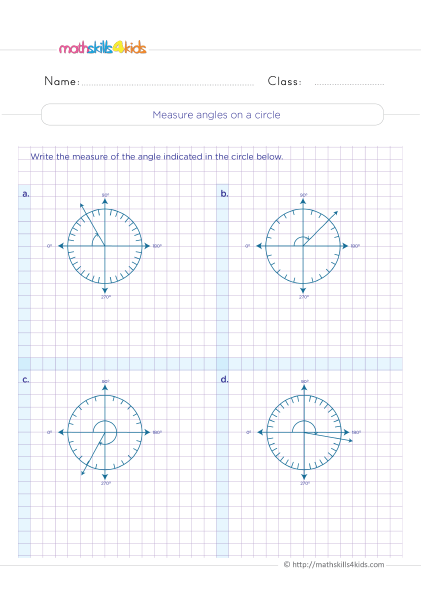 4th Grade math worksheets Pdf: Identifying & Measuring Angles - Measuring angles on a circle