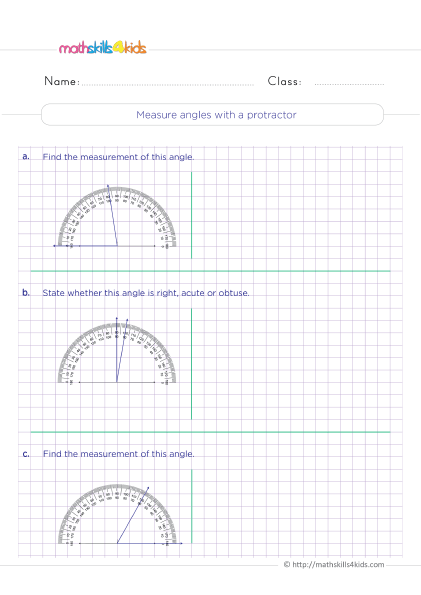 4th Grade math worksheets Pdf: Identifying & Measuring Angles - Measuring angles with a protractor