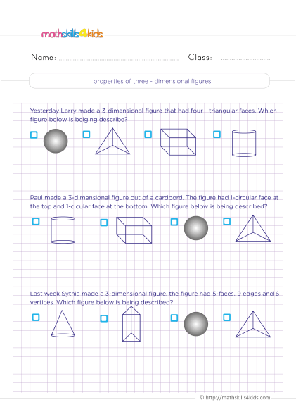 Mastering 3D shapes: Faces, edges, and vertices worksheets for 4th Grade - What are properties of three dimentional figures