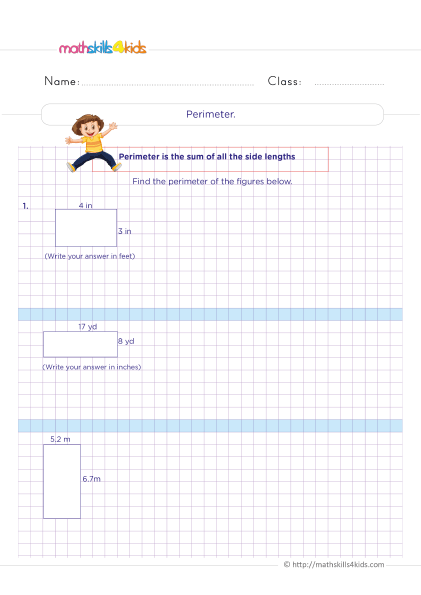 Grade 4 measurement worksheets: Area, perimeter, and volume - Find the perimeter of rectangles