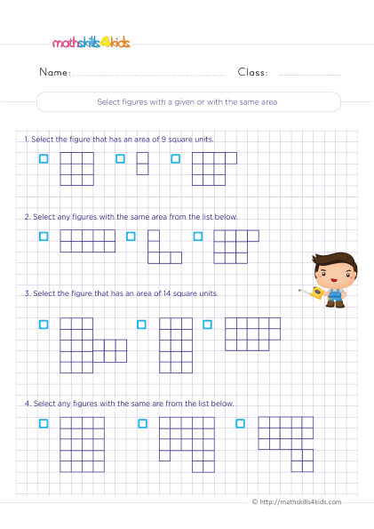 Grade 4 measurement worksheets: Area, perimeter, and volume - How do you find the area of figures