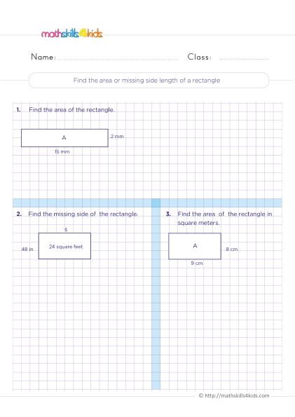 Grade 4 measurement worksheets: Area, perimeter, and volume - Finding the missing side length of a rectangle