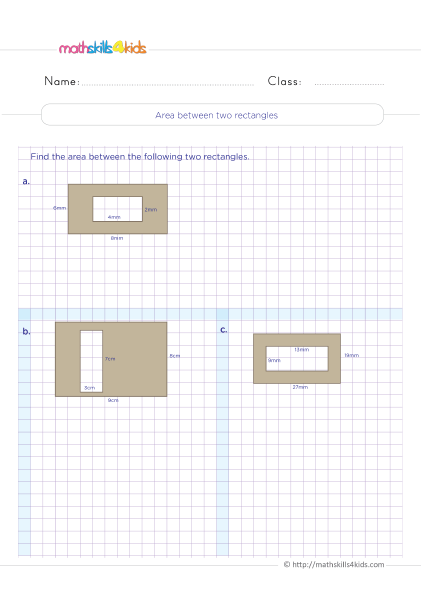 Grade 4 measurement worksheets: Area, perimeter, and volume - How do you find the area between two rectangles