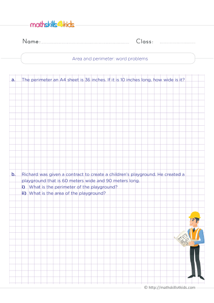 Grade 4 measurement worksheets: Area, perimeter, and volume - Solving area and perimeter word problems