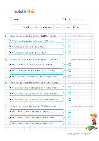 5th Grade Math worksheets with answers - Spelling number names - Reading and writing whole numbers up to millions