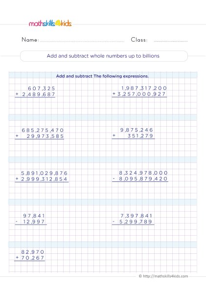 Addition and subtraction worksheets for Grade 5: Free download - Addition and subtraction in columns up to billions