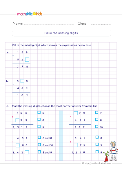 5th Grade Math worksheets with answers - Finding the missing digit addition and subtraction practice