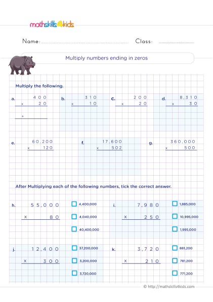 5th Grade Math worksheets with answers - How do you multiply a number ending in 0?