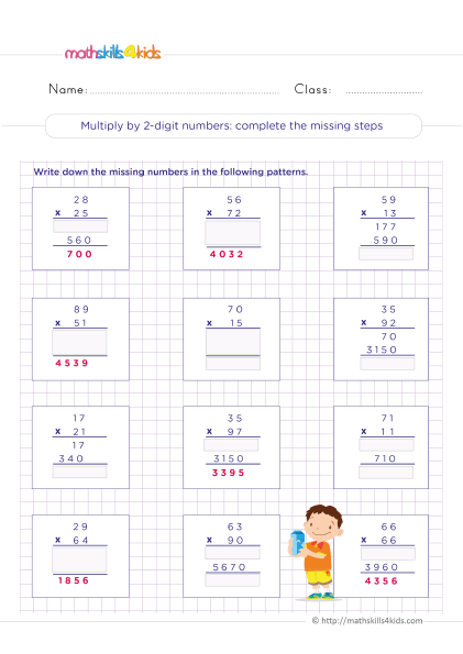 5th Grade Math worksheets with answers - 2-digit by 2-digit multiplication - Complete the missing steps